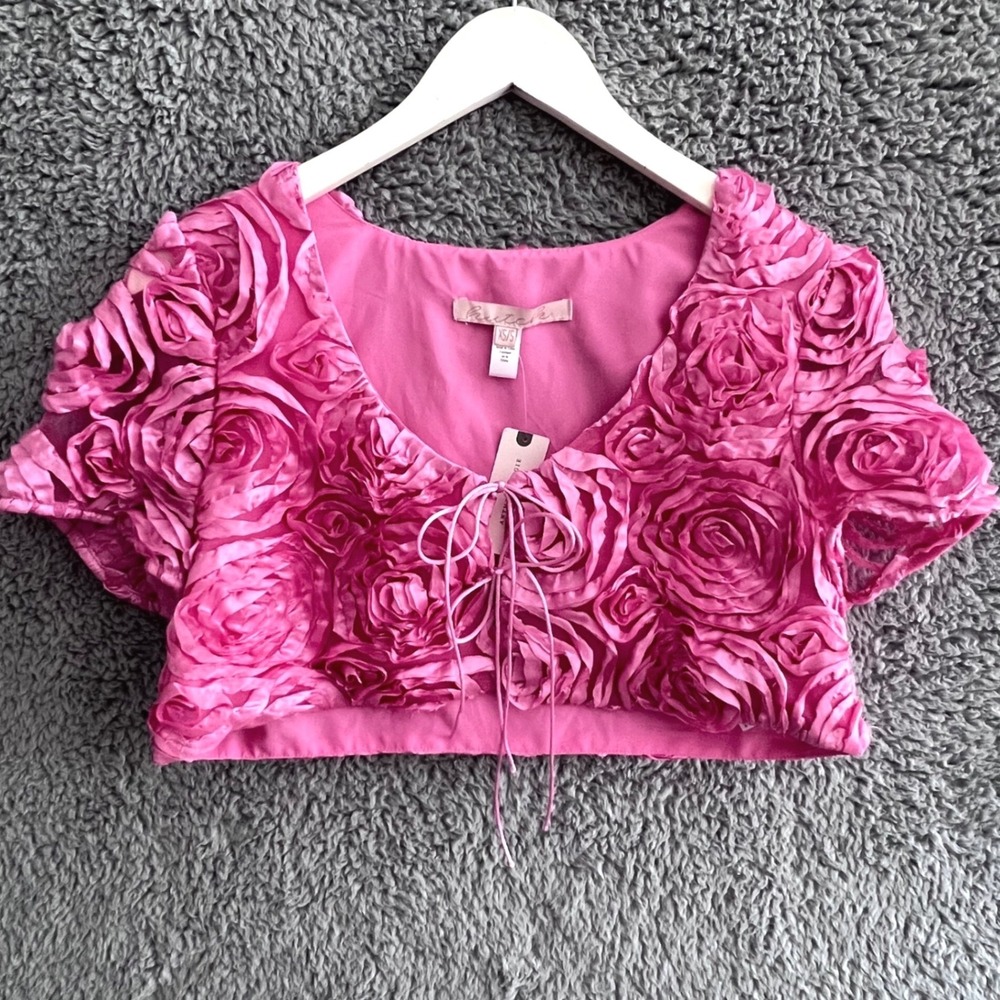 Hutch Pink 3D Rosette Floral‎ Applique Crop Top Tie Front Cropped Topper XS/S